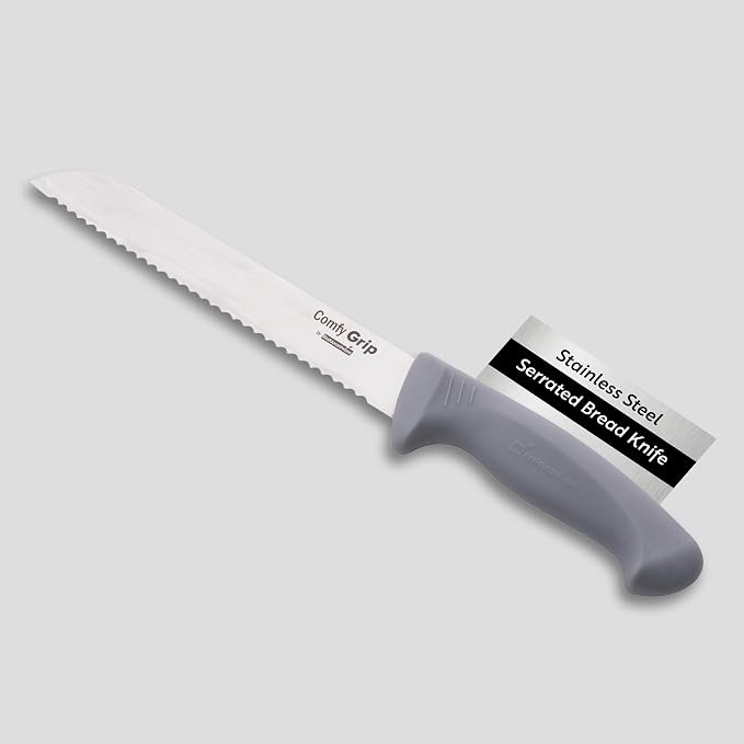 Restaurantware Comfy Grip 8 Inch Bread Knife 1 Sharp Serrated Knife - Ergonomic Handle Non-Slip Grip Gray Stainless Steel Bread Cutting Knife Dishwashable Slice All Types Of Bread