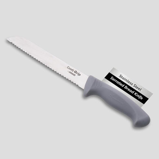 Restaurantware Comfy Grip 8 Inch Bread Knife 1 Sharp Serrated Knife - Ergonomic Handle Non-Slip Grip Gray Stainless Steel Bread Cutting Knife Dishwashable Slice All Types Of Bread