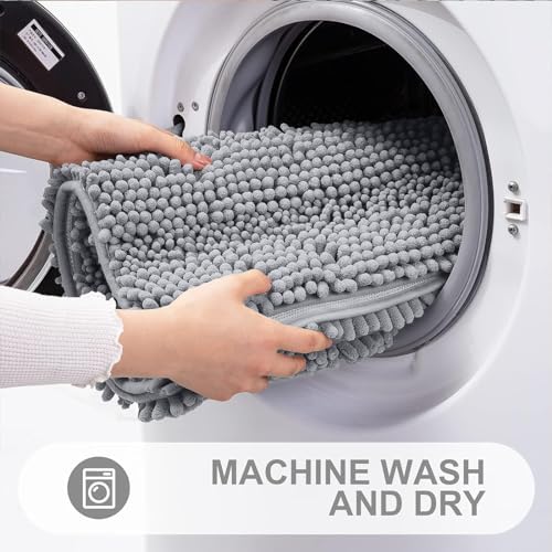 Grandaily Chenille Striped Bathroom Rugs 59x24, Extra Thick and Absorbent Bath Mats, Non-Slip Soft Plush Shaggy Shower Carpet, Machine Wash Dry, Bath Rug for Bathroom, Light Grey