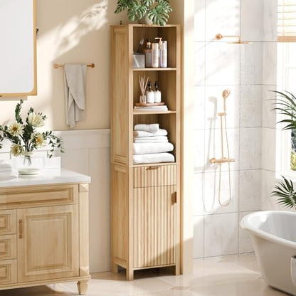 VINGLI Narrow Fluted Bathroom Floor Skinny Storage Cabinet with 1 Fluted Door&Drawer,68" Tall Narrow12 Inch Deep Slim Bathroom Storage Cabinet for Small Space w/3 Adjustable Shelves,Natural Oak Color