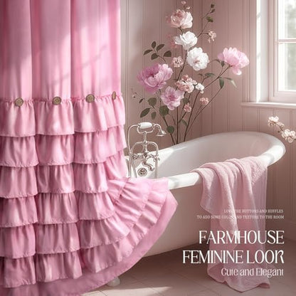 Ruffle Farmhouse Shower Curtain, Pink Vintage Shower Curtains for Bathroom Fabric Cute Rustic Cloth, 72" W X 84" L Inch