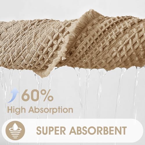 Upgraded Waffle Bath Mat Set 2 Piece Beige-Looped, Super Absorbent Non-Slip Quick Dry Bathroom Rugs with Tassels, Machine Washable Ultra Soft Boho Bath Rugs for Floor, Toilet Mats Boho Farmhouse Decor