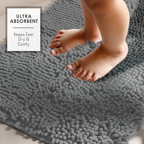 Hearth & Harbor Bathroom Rugs, Chenille Bath Mat - Machine Washable Bath Mats for Bathroom Non-Slip Backing Rubber, Quick Dry Bathroom Mat, 17 x 24 + 20 x 24 - Frost Grey