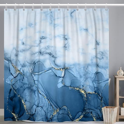 Light Blue Marble Long Waterproof Shower Curtain 72x78 inches