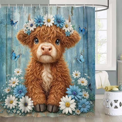 Cute Cow Shower Curtain, Farmhouse Rustic Blue Floral Daisy Highland Cow Shower Curtains for Bathroom, Calf Country Farm Animal Garden Plant Fabric Bathroom Decor with Hooks, 47x64 inch