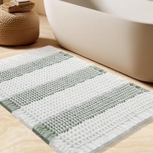Upgrade Waffle Bath Mat, Boho Bathroom Rugs Absorbent Non Slip, Ultra Soft Bathroom Mat, Machine Washable Knit Bath Rugs with Stripe for Bathroom, Bedroom, Kitchen, Tub, 32"x20", Light Green & White