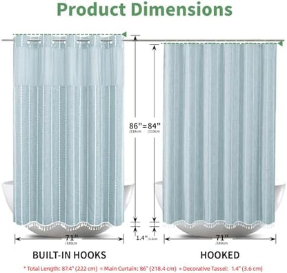 eachope No Hook Extra Long Shower Curtain Set with Snap-in Liner,Linen Textured Thick Striped Fabric with Tassels,Boho Chic Modern Farmhouse Bathroom Curtain,Water-Repellent,Fog Blue,71x86