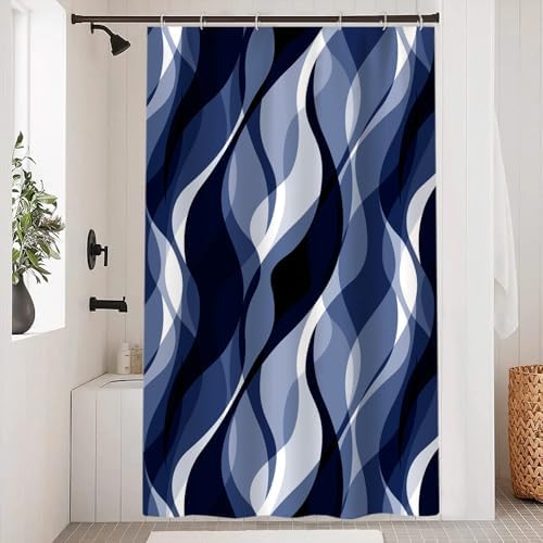 Navy Blue Striped Stall Shower Curtain with Hooks, 48x72 Inch