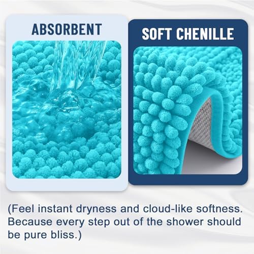 Grandaily Chenille Striped Bathroom Rugs 24x16, Extra Thick and Soft Absorbent Bath Mats, Rubber Backing, Plush Shaggy Shower Carpet, Machine Wash Dry, Bath Rug for Bathroom, Aqua Sky