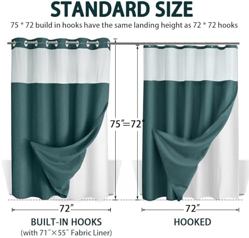 No Hook Shower Curtain with Liner Set Hotel Waffle Seaweed Green 72W X 75L