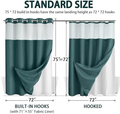 No Hook Shower Curtain with Liner Set Hotel Waffle Seaweed Green 72W X 75L