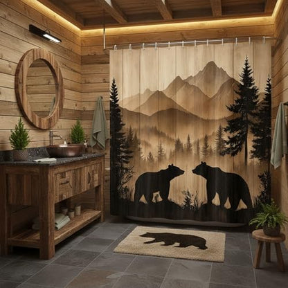 Bear Shower Curtain, Rustic Cabin Forest Shower Curtain Brown Wooden Print Wildlife Country Bath Curtains with Hooks, Hunting Camping Waterproof Polyester Fabric Bathroom Decor Accessories,47X70IN
