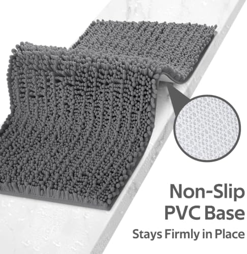 Upgrade Luxury 2 Piece Dark Gray Toilet Bathroom Rug Mat U Shape 24"x20"+48"x20", Ultra Soft Thick Absorbent Bath Mats, Non Slip Chenille Toilet Mat for Bathroom, Bedroom, Kitchen, Shower, Tub