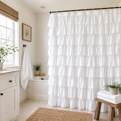 White Ruffle Shower Curtain for Bathroom,72 x 72 Inches, Farmhouse Style