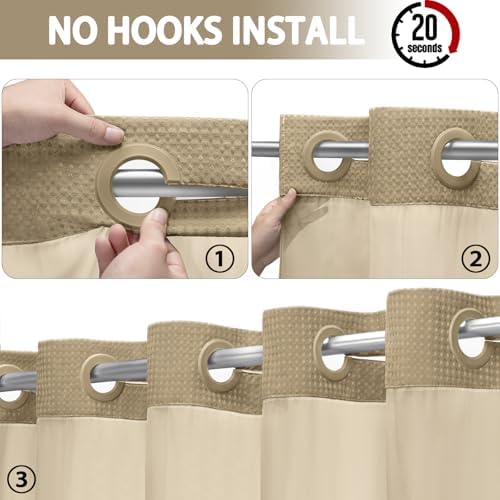 No Hook Shower Curtain with Liner Set Hotel Waffle Curtain Beige 72W X 75L