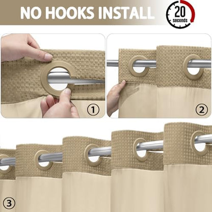 No Hook Shower Curtain with Liner Set Hotel Waffle Curtain Beige 72W X 75L