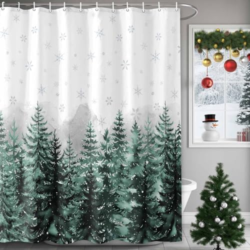 Shower Curtain Bathroom Set Christmas Tree Forest Gradient Green Waterproof Shower Curtains with Grommets Hooks Winter Snowflakes Gray Privacy Bath Curtain for Bathtub Decor 72x78in