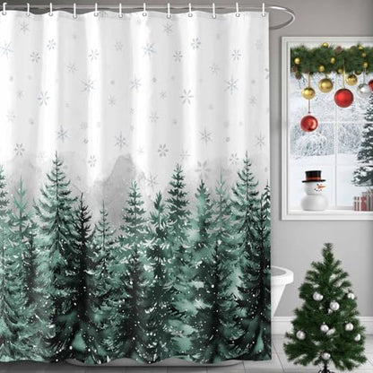 Shower Curtain Bathroom Set Christmas Tree Forest Gradient Green Waterproof Shower Curtains with Grommets Hooks Winter Snowflakes Gray Privacy Bath Curtain for Bathtub Decor 36x72in