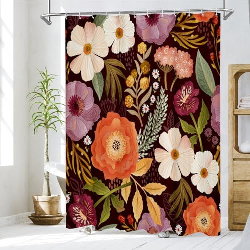 Boho Floral Shower Curtain, Purple Botanical Fabric Curtain, 72 x 78