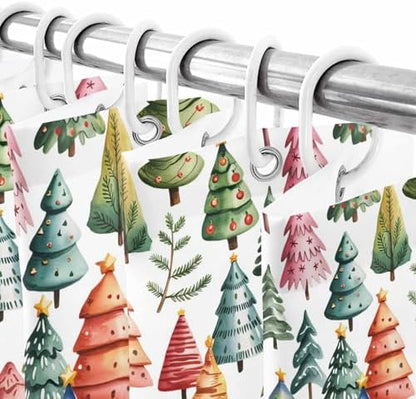 Christmas Tree Shower Curtain Bathroom Set Star Xmas Pine Trees Waterproof Shower Curtains with Grommets Hooks Colorful Cartoon Style Privacy Bath Curtain for Bathtub Decor 48x72in