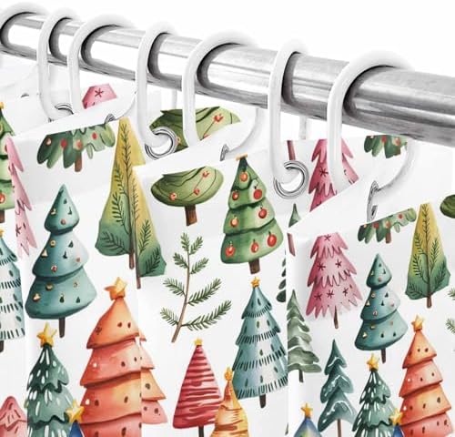 Christmas Tree Shower Curtain Bathroom Set Star Xmas Pine Trees Waterproof Shower Curtains with Grommets Hooks Colorful Cartoon Style Privacy Bath Curtain for Bathtub Decor 72x78in