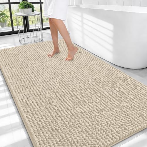OLANLY Thick Chenille Large Bathroom Rugs 44x32, Absorbent Bath Mat, Sand
