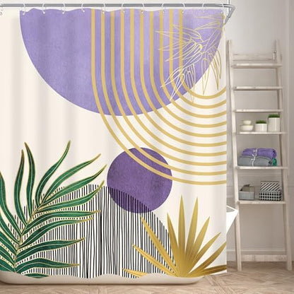 Mid Century Purple Green Boho Abstract Modern Bathroom Shower Curtain Set