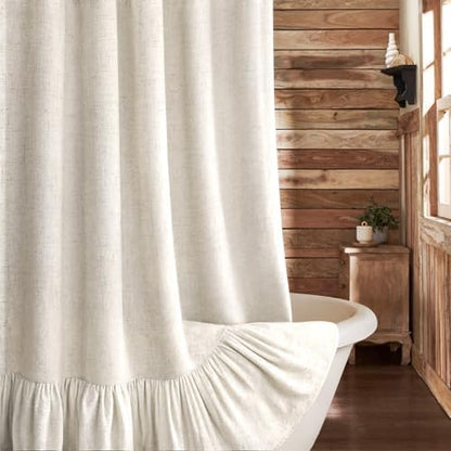 Farmhouse Shower Curtain Ruffle Linen Flax Ivory White 72"W x 72"L