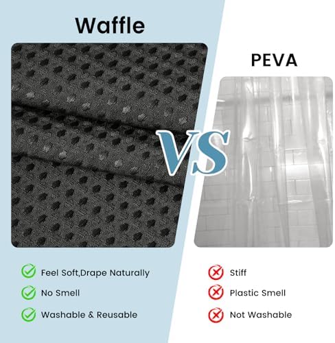 SORTTO No Hook Waffle Shower Curtain with Snap in Liner Set, 71x80, Black