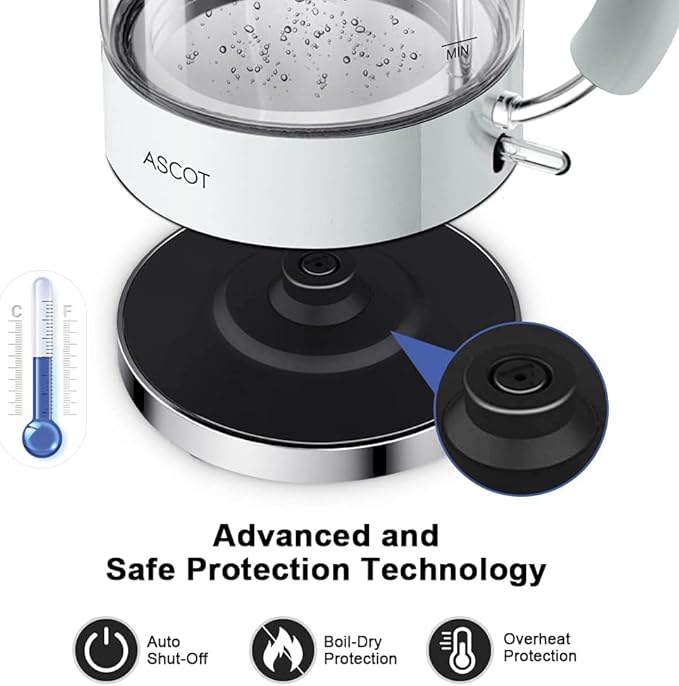 ASCOT Electric Kettle, Glass Electric Tea Kettle Gifts for Men/Women/Family 1.5L 1500W Borosilicate Glass Tea Heater, with Auto Shut-Off and Boil-Dry Protection (Polar White)