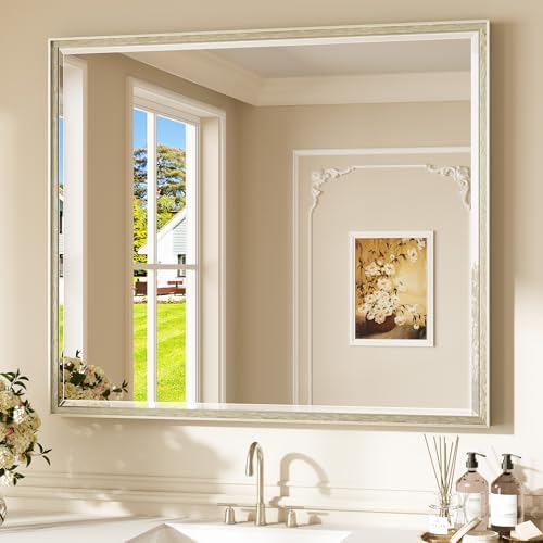 Keonjinn Brushed Nickel Bathroom Vanity Mirror 42 x 36 Inch, Tempered Glass
