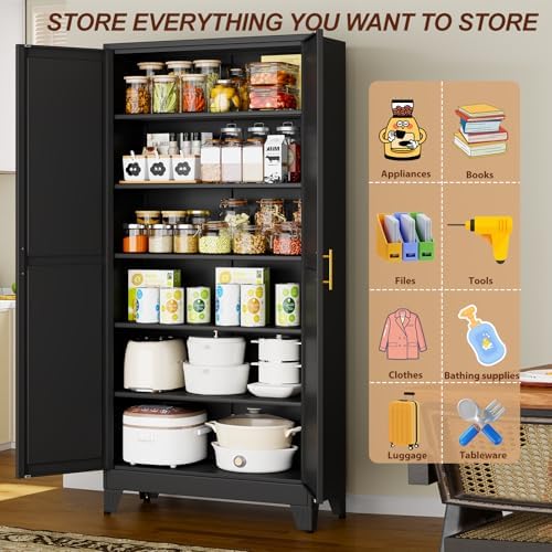 75" Black Tall Metal Storage Cabinet with 2 Doors and 5 Adjustable Shelves,Steel Garage Tool Cabinet, File Cabinet,Kitchen Pantry Cabinet for Home,Office,Garage,School,Warehouse