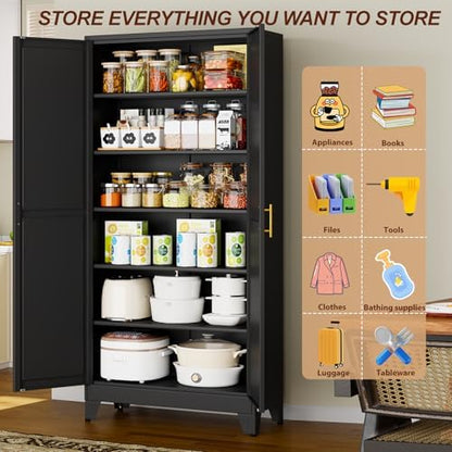 75" Black Tall Metal Storage Cabinet with 2 Doors and 5 Adjustable Shelves,Steel Garage Tool Cabinet, File Cabinet,Kitchen Pantry Cabinet for Home,Office,Garage,School,Warehouse