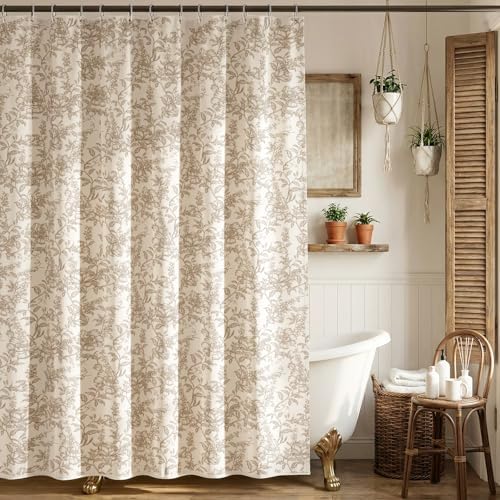 Farmhouse Beige Floral Shower Curtain with 12 Clear Rings 72"W x 72"L
