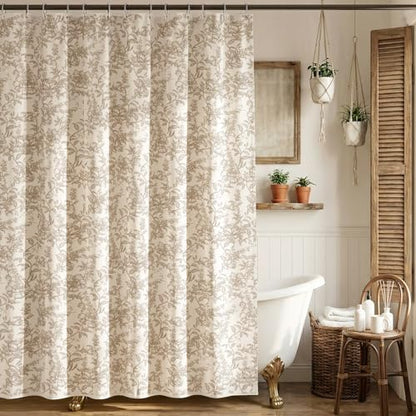 Farmhouse Beige Floral Shower Curtain with 12 Clear Rings 72"W x 72"L