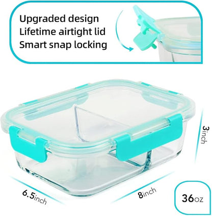 DAS TRUST 3 Pack Food Storage Containers 2 Compartments Glass Meal Prep Containers with Lids for Adult Food Prep Container with Dividers Reusable Lunch Bento Box