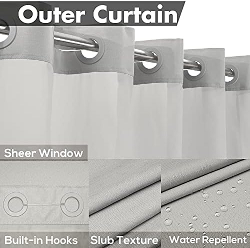 River Dream Extra Long No Hook Shower Curtain with Snap-in Liner, Grey