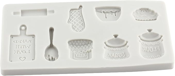 Miniature Home Baking Silicone Molds Rolling Pin Oven Glove Cake Bowl Wooden Spoon Chocolate Fondant Mold for Cake Decoration Cupcake Topper Candy Sugar Craft Polymer Clay Gum Paste