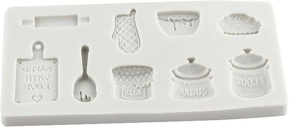 Miniature Home Baking Silicone Molds Rolling Pin Oven Glove Cake Bowl Wooden Spoon Chocolate Fondant Mold for Cake Decoration Cupcake Topper Candy Sugar Craft Polymer Clay Gum Paste