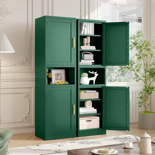 Tall Metal Narrow Bathroom Storage Cabinet 67" H, Tall Green Pantry Cabinets with 4 Adjustable Shelves and 2 Doors for Kitchen, Home Office, Living Room, Dining Room(20 inches Wide)
