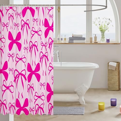 jejeloiu Cute Bowknot Shower Curtain for Bathroom Decor 72"x84" Hot Pink Girls Bow Bath Curtain Kawaii Bathroom Accessories Waterproof Polyester Fabric with 12 Hooks for Stalls Bathtubs Princess Decor