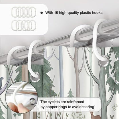 AWERT Cute Shower Curtain with Hooks Green Forest Shower Curtain with Wild Animals Bear Moose Deer Fox Deor Bathroom 60x72 inch