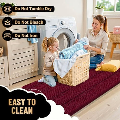 OLANLY Thick Bathroom Runner Rugs 70x24, Soft Chenille Bath Rugs, Burgundy