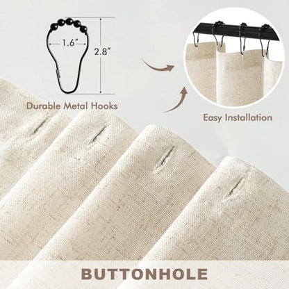 MIULEE Linen Buttonhole Fabric Shower Curtain Natural 72*80 12 Metal Hooks