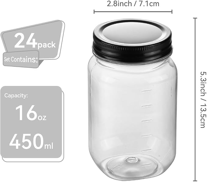 16 OZ Mason Jars Plastic Clear Storage Containers with Lids Empty Refillable Airtight Container for Home Kitchen (Black, 24 Pack)
