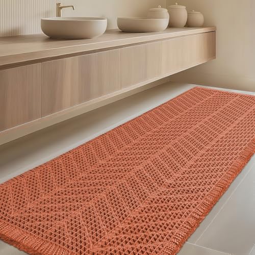 IM HOME Extra Large Waffle Bath Mat, Boho Bathroom Rugs Absorbent Non Slip, Ultra Soft Bathroom Mat, Machine Washable Knit Bath Rugs with Herringbones for Bathroom, Bedroom, Tub, 5'x2', Burnt Orange