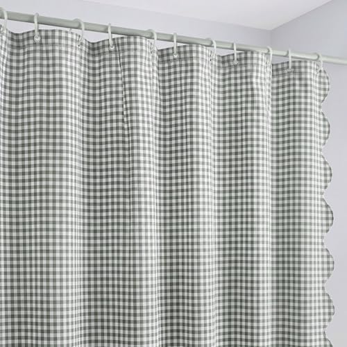 HunnmingRe Scalloped Gingham Shower Curtain Sage Green