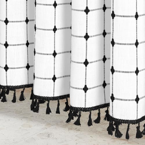 Boho Farmhouse Classic Plaid Linen Tassel Shower Curtain White Black,72x72