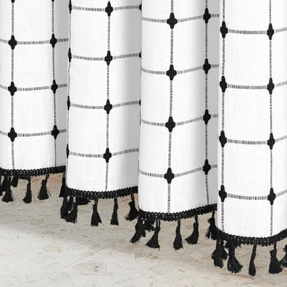 Boho Farmhouse Classic Plaid Linen Tassel Shower Curtain Ivory Black,72x84