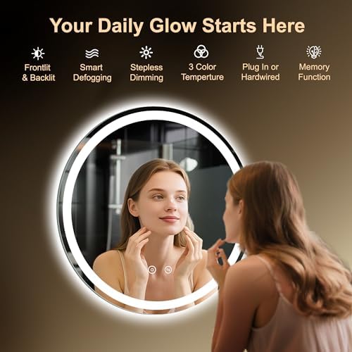 20 Inch Round LED Bathroom Mirror with Lights, Circle Lighted Vanity Mirror